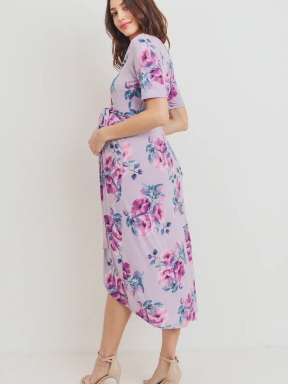 Floral High Low Faux Wrap Maternity & Nursing Dress - Lavender Size M - Picture 9 of 16